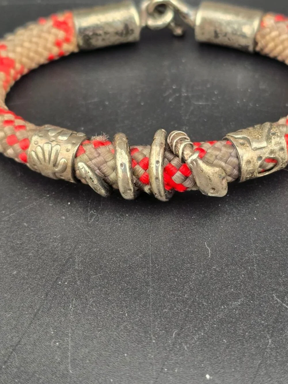Vintage Mens Snake Red and Gray Cord Bracelet Metal Accents 6.25